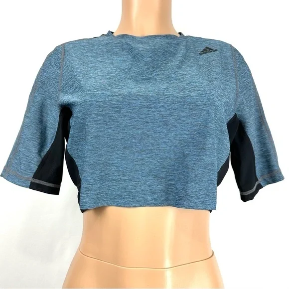 Adidas Women’s Sz L Heathered Blue Activewear Stretchy Cropped Top Mesh Back Tee - Picture 4 of 12